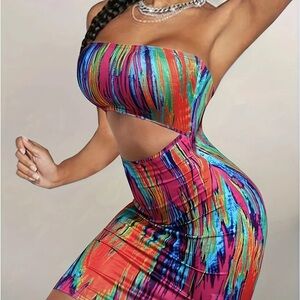 Vibrant Blue and Pink One Shoulder Bodycon Dress